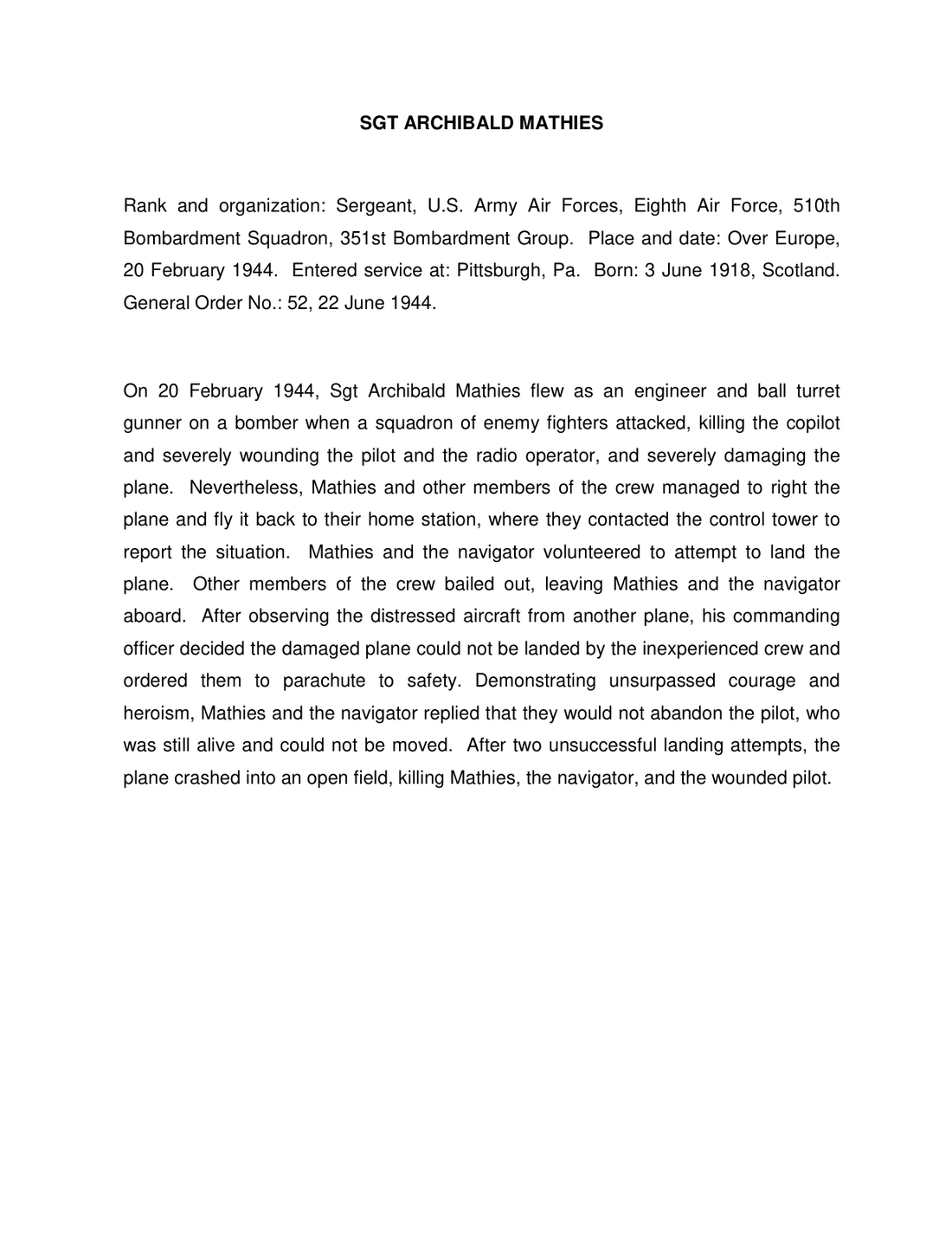 Medal of Honor citation for Sgt Archibald Mathies