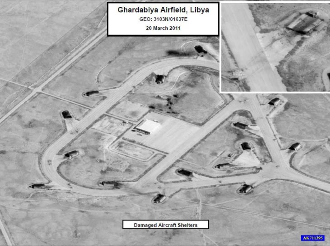 Bomb-damaged airfield in Libya, March 2011
