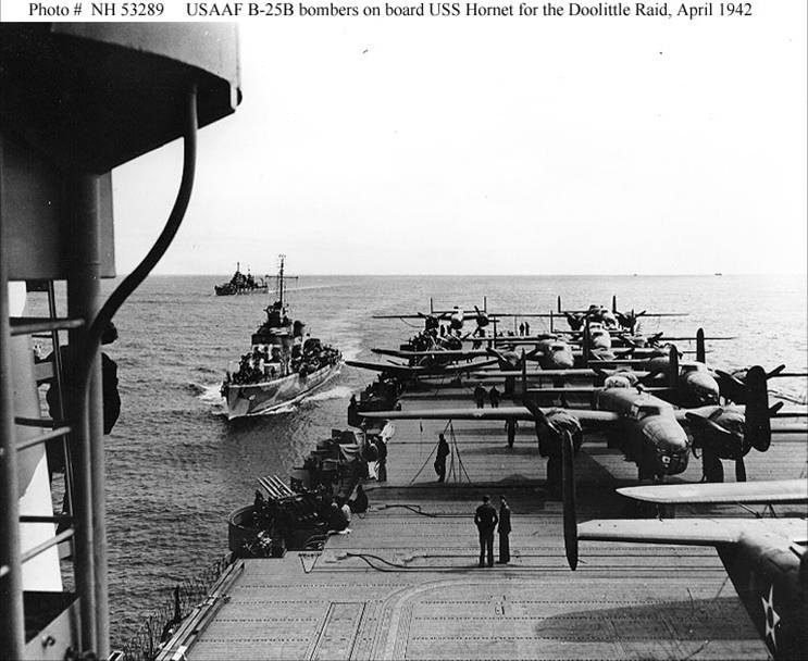 B-25 bombers parked on the deck of USS Hornet