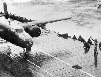 B-25 on Hornet deck with painted launch guide lines