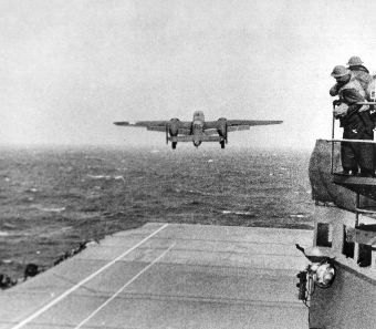 Lead B-25 taking off from the carrier deck