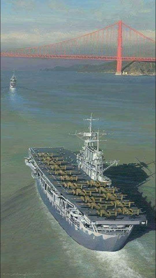 USS Hornet loaded with B-25 bombers steaming out to sea