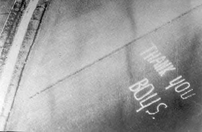 Ground message of thanks spelled out for passing bombers