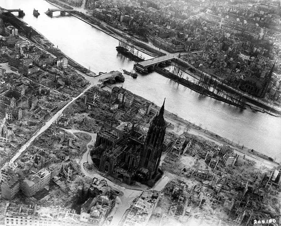 Aerial view of ruined Frankfurt along the River Main
