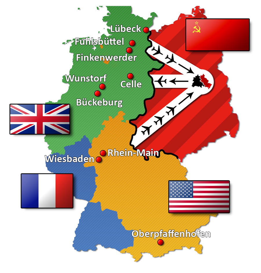 Map of divided postwar Germany showing the four occupation zones and the three air corridors converging on West Berlin